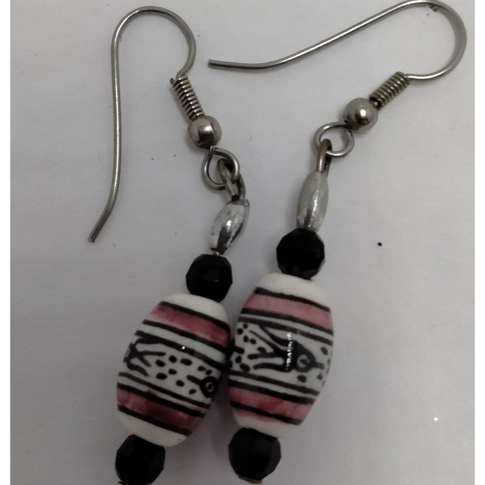 Earrings Southwest White Black Pink Ceramic Bead Hook Drop Dangle
